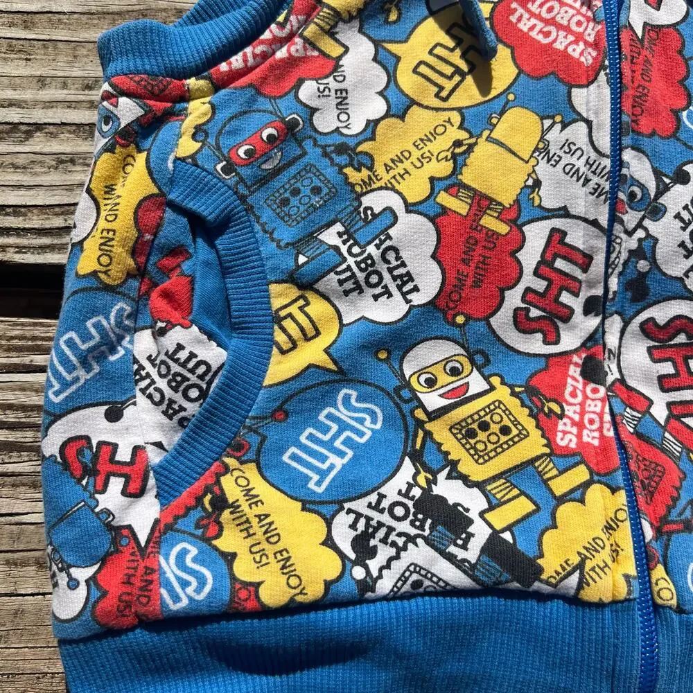 Japanese Robot Print Hooded Vest 2T | Faux Fur Lined Zip Kawaii Cartoon Toddler
